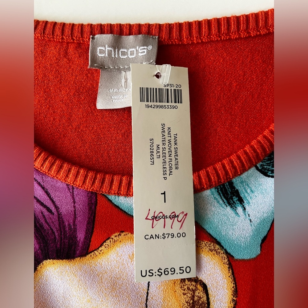 NWT Chicos Women's Tropical print-iris sleeveless sweater tank Sz 1 (M/8) - Picture 7 of 12